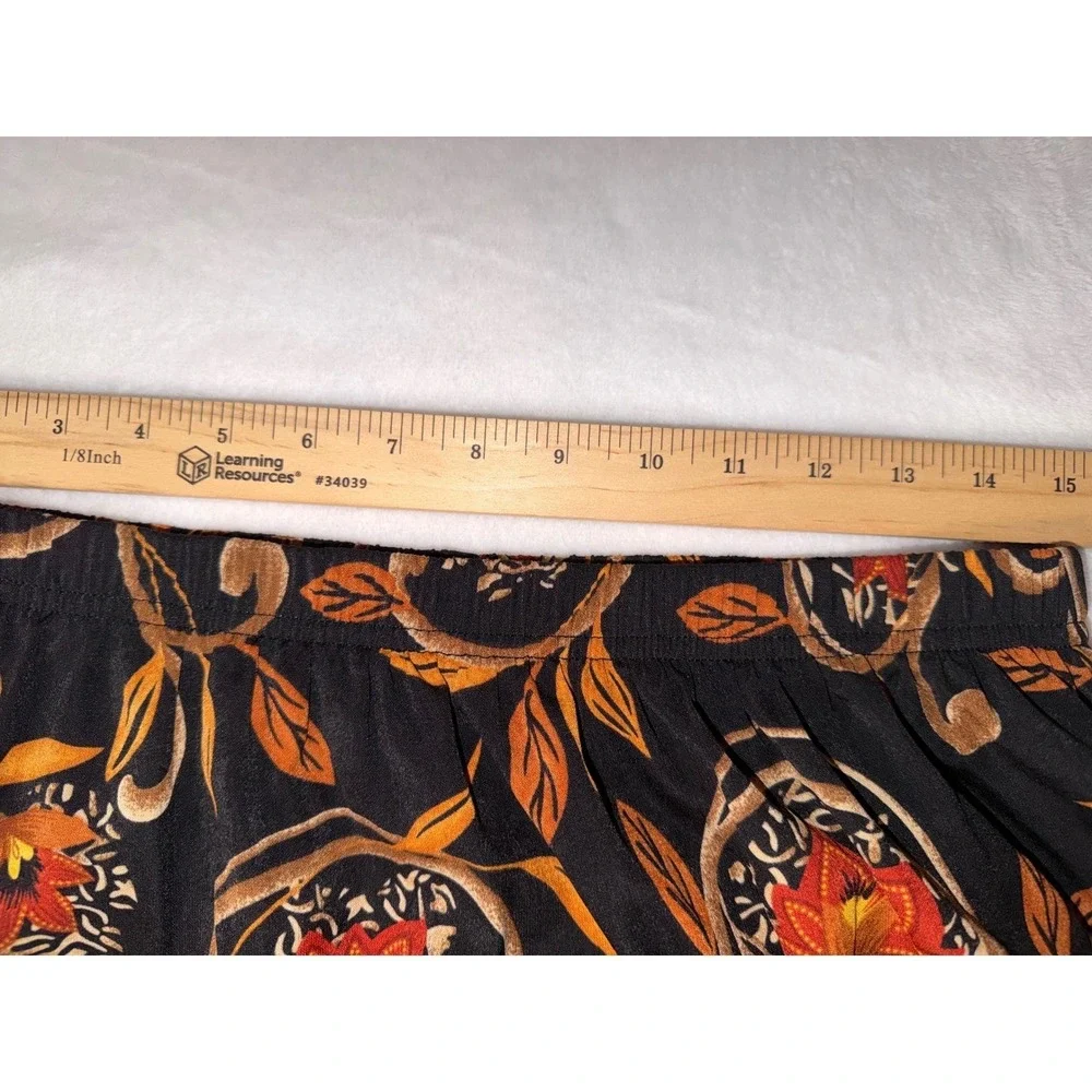 VTG Nikki Women Floral Scroll Print Midi Skirt Black Orange Elastic Waist‎ L